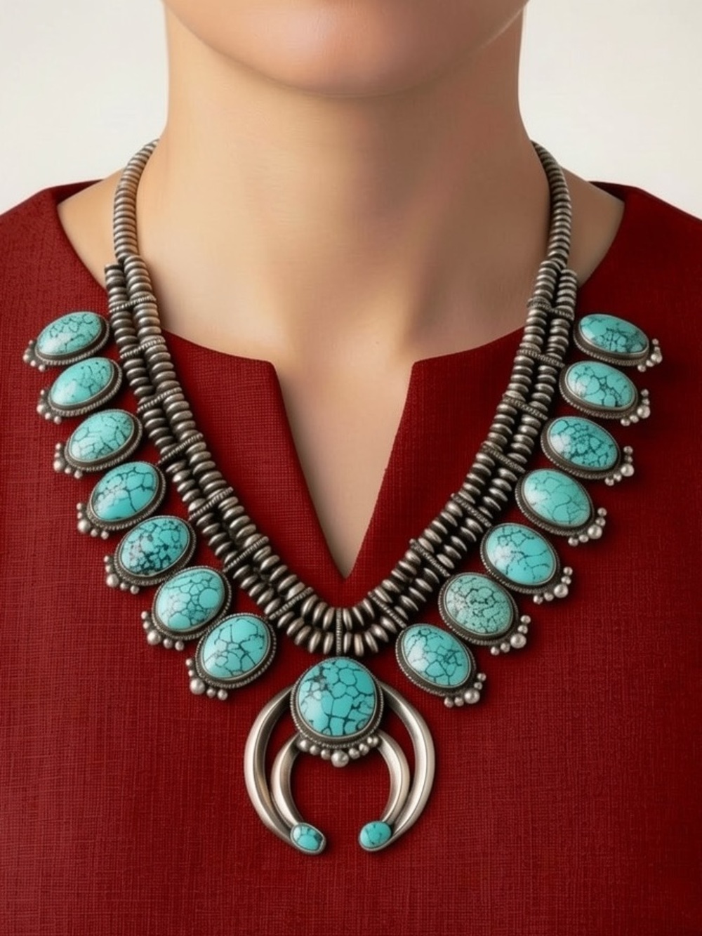 Authentic Navajo Esther Wood Sterling Silver Turquoise Squash Blossom Necklace